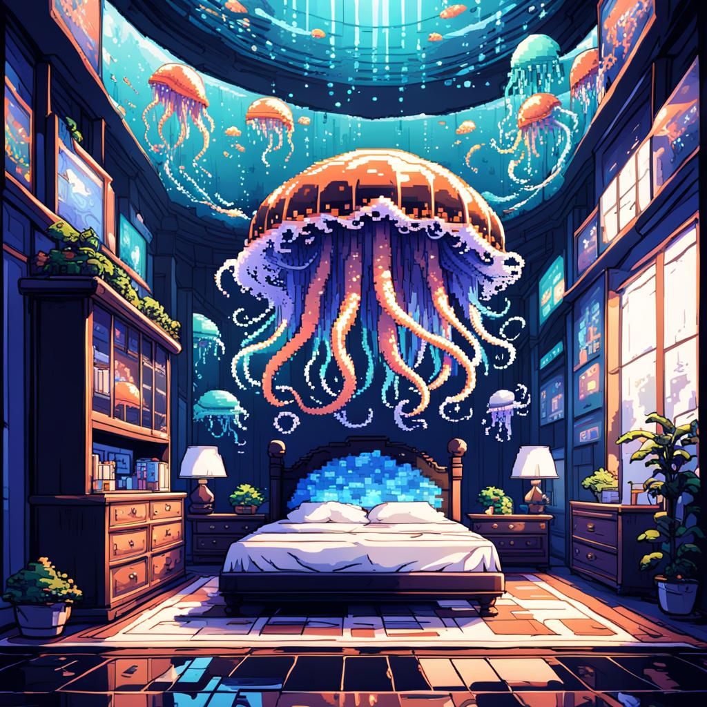 8-Bit Pixel Bedroom Inside a Kraken Jellyfish