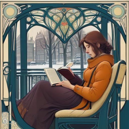 Art Nouveau Woman Reading in Amsterdam Winter