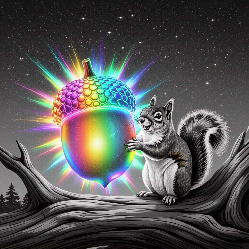 Squirrel and Iridescent Acorn in Grayscale