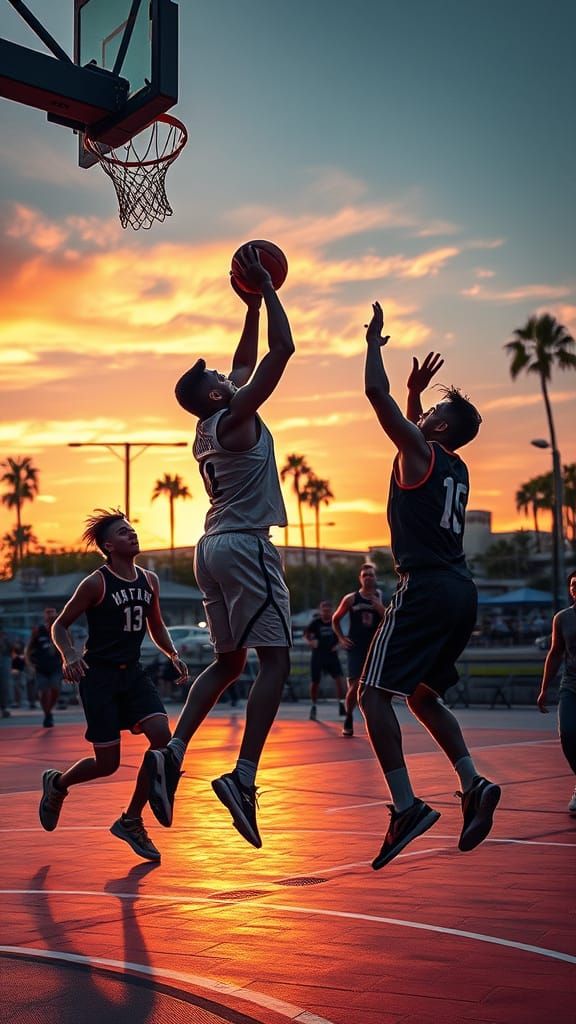 Venice Beach Sunset Basketball Game in Hyperdetailed Style