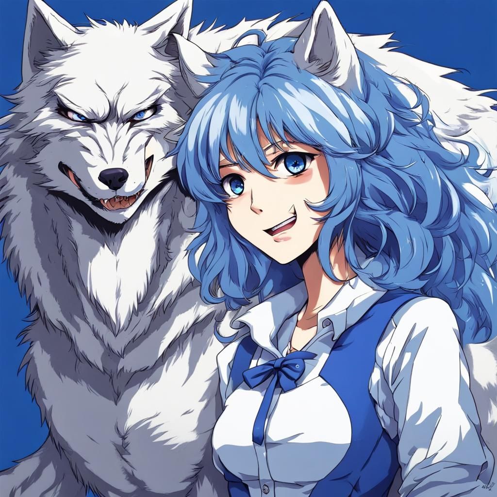 Friendly Blue and White Werewolf in Anime Style