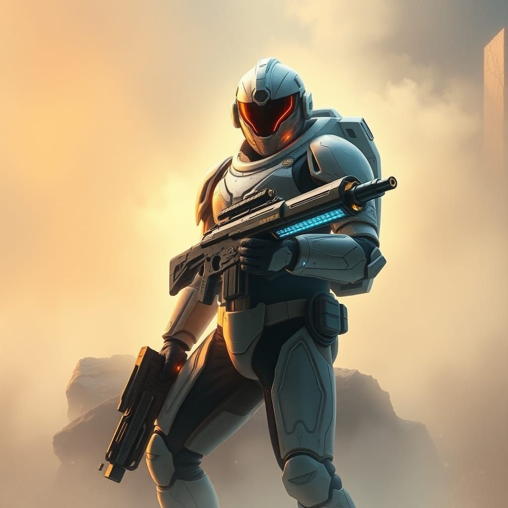 Futuristic Soldier in Mystical Landscape, Dreamlike Sci-Fi