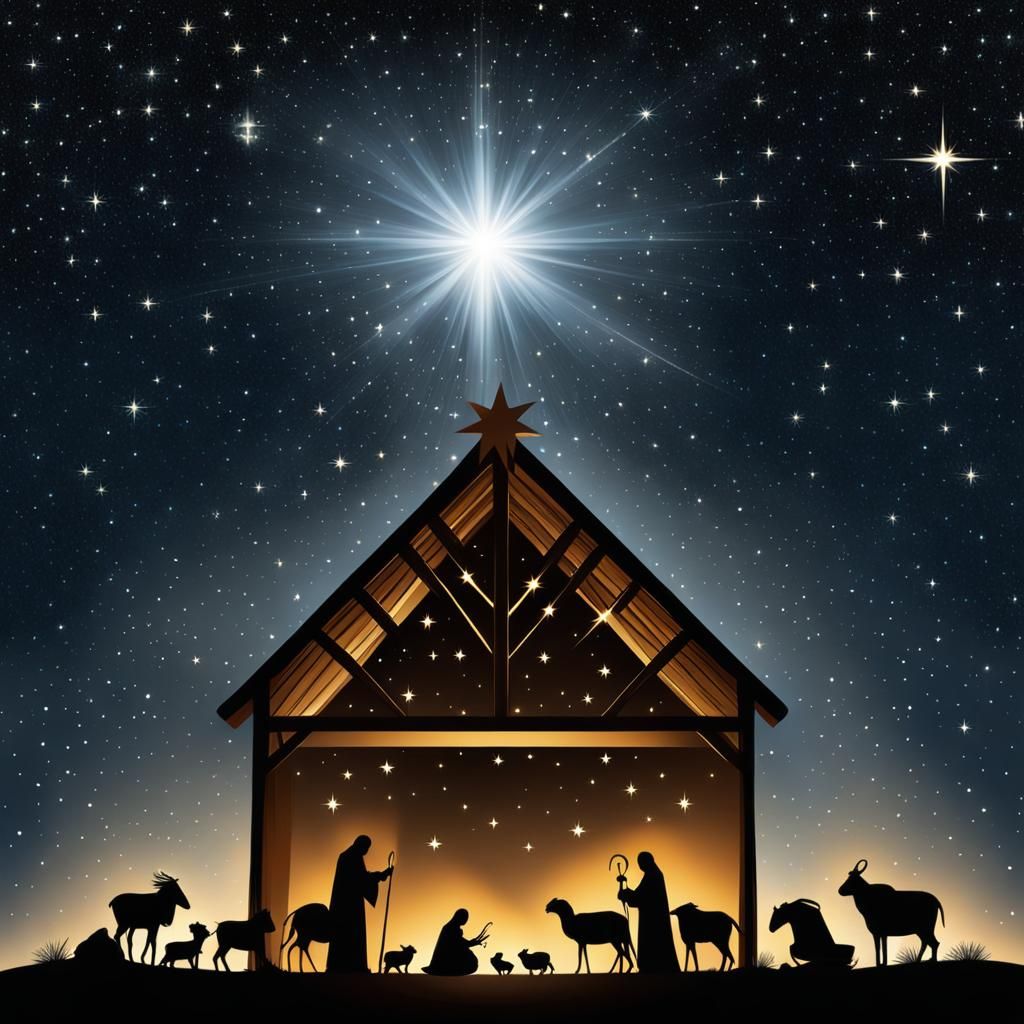 A silhouette of a nativity scene