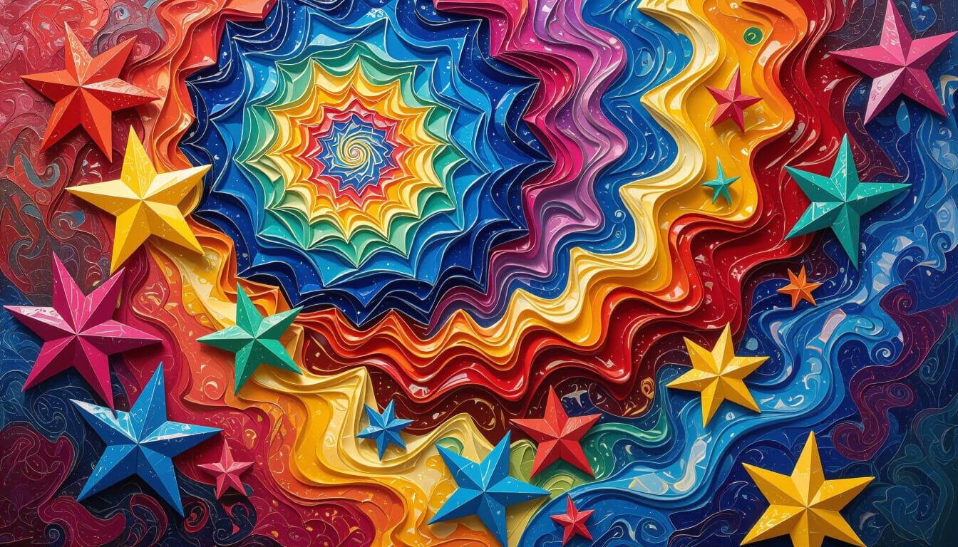 Surreal Plasma Vortexes with Wavy Stars as Impasto Painting