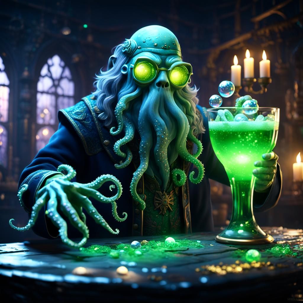 crystal wizard bartender with octopus arms has alkali seltzer bubbles neon mix drink and glitter inside floating aroun...