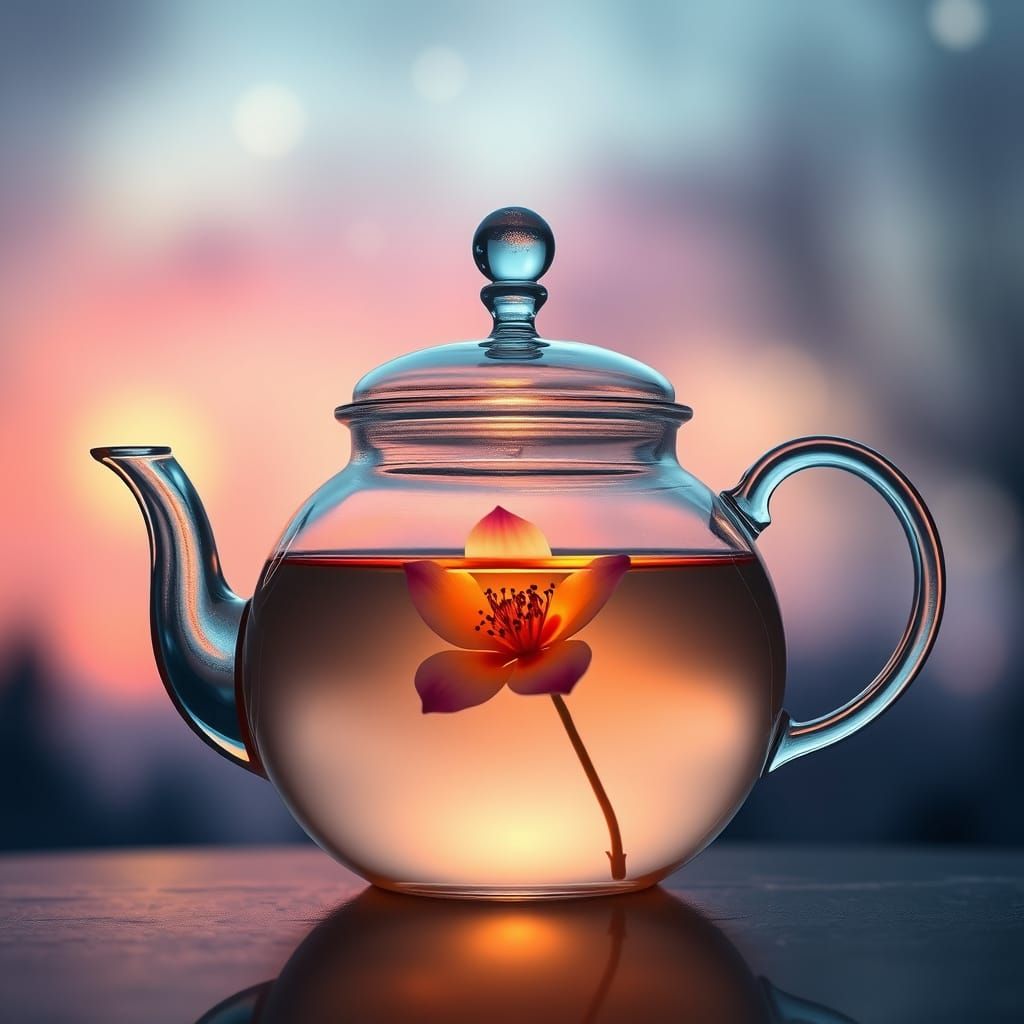 Mystical Teapot with Blooming Flower at Twilight