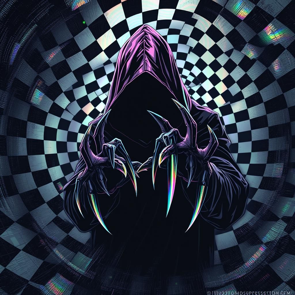 Hooded Figure Emerges from Checkered Vortex