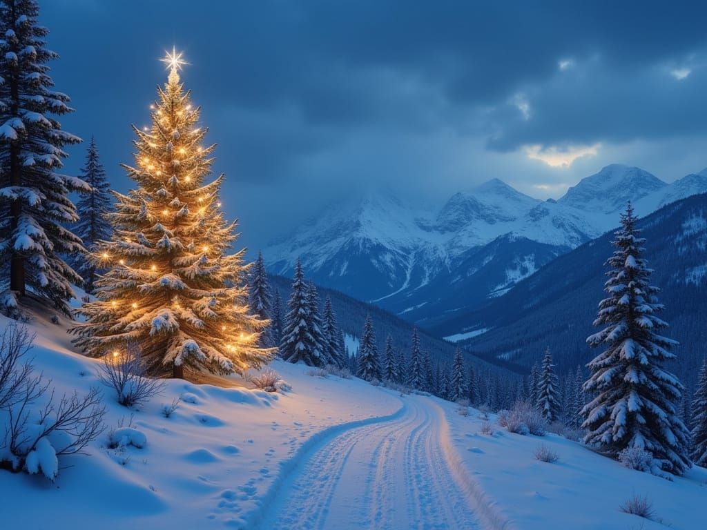 snowy mountain scene with beautiful lighted Christmas tree I...