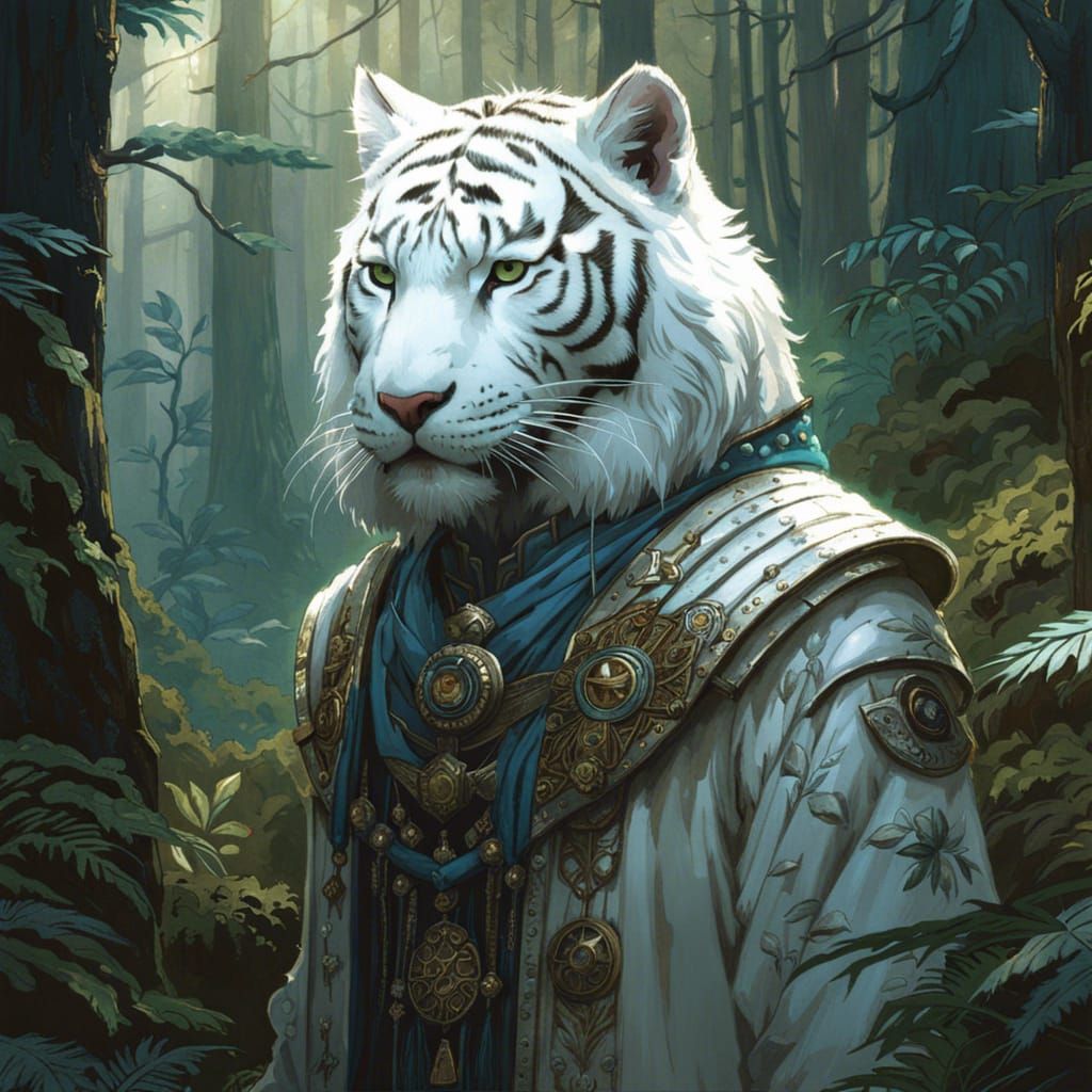 Mysterious White Tiger Wizard Portrait in Forest