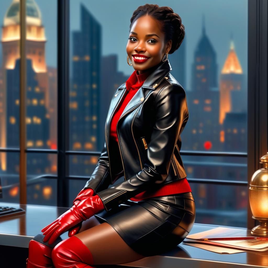 Stylish Black Woman CEO in Penthouse Office, Painterly Style
