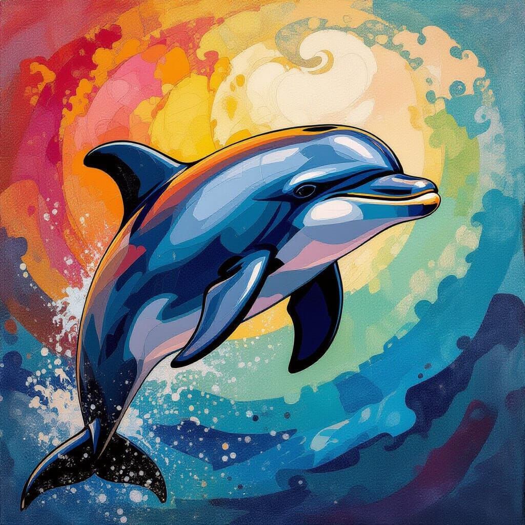 Detailed Dolphin in Impressionist Gouache and Watercolor Sty...