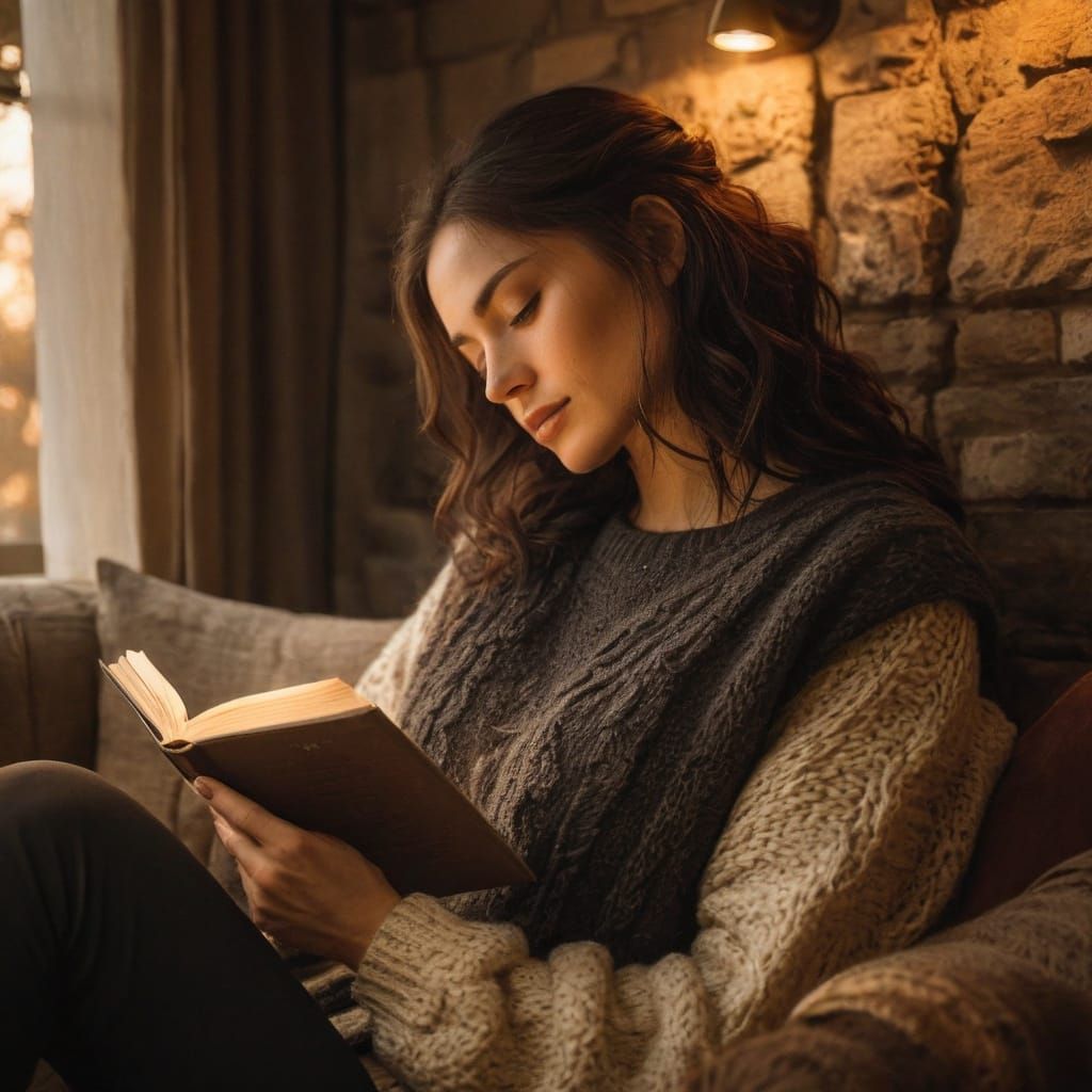 Woman Reading Book in Cozy Nook