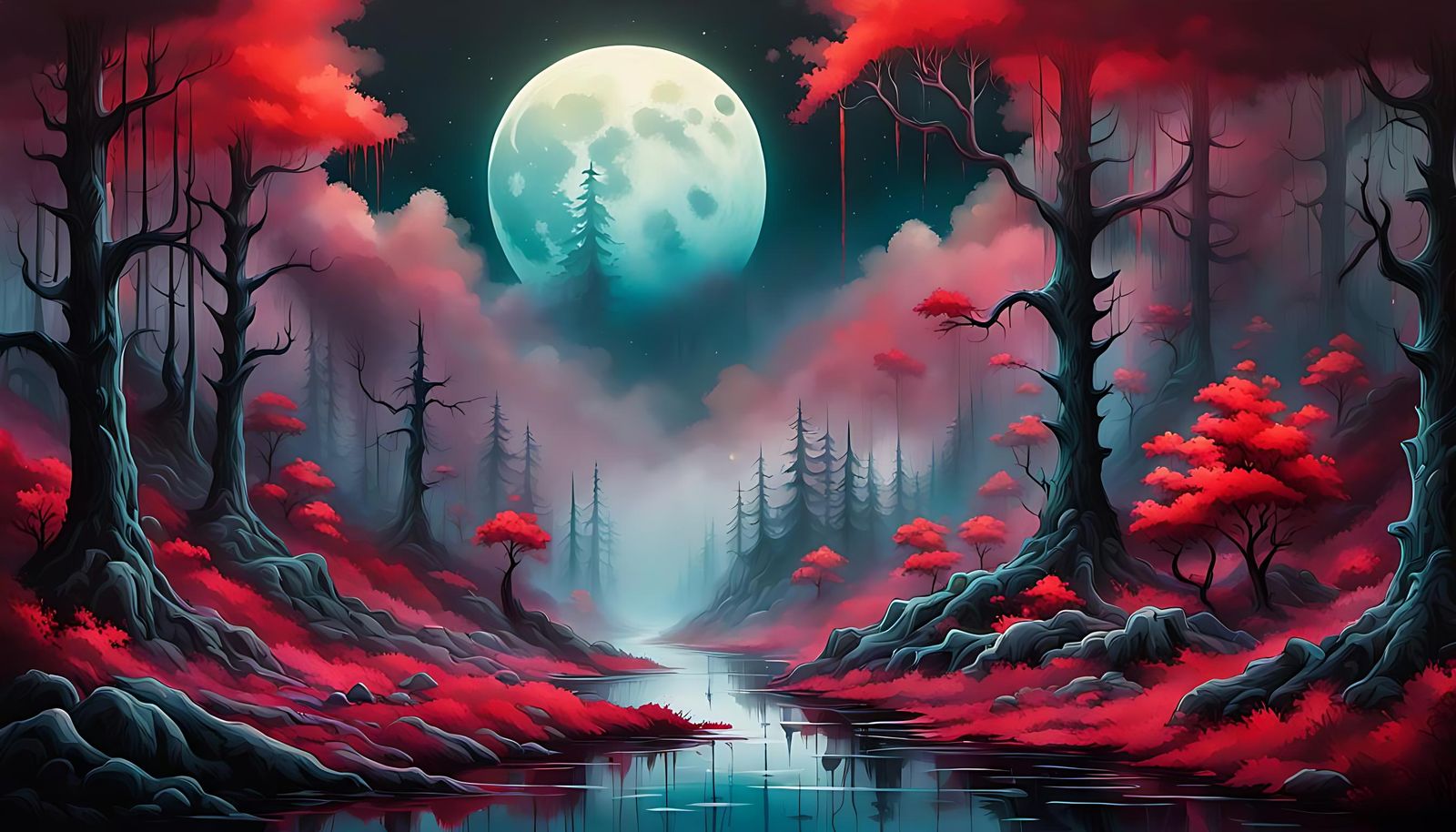 Crimson Moon Over Misty Forest, in Graffiti Art Style