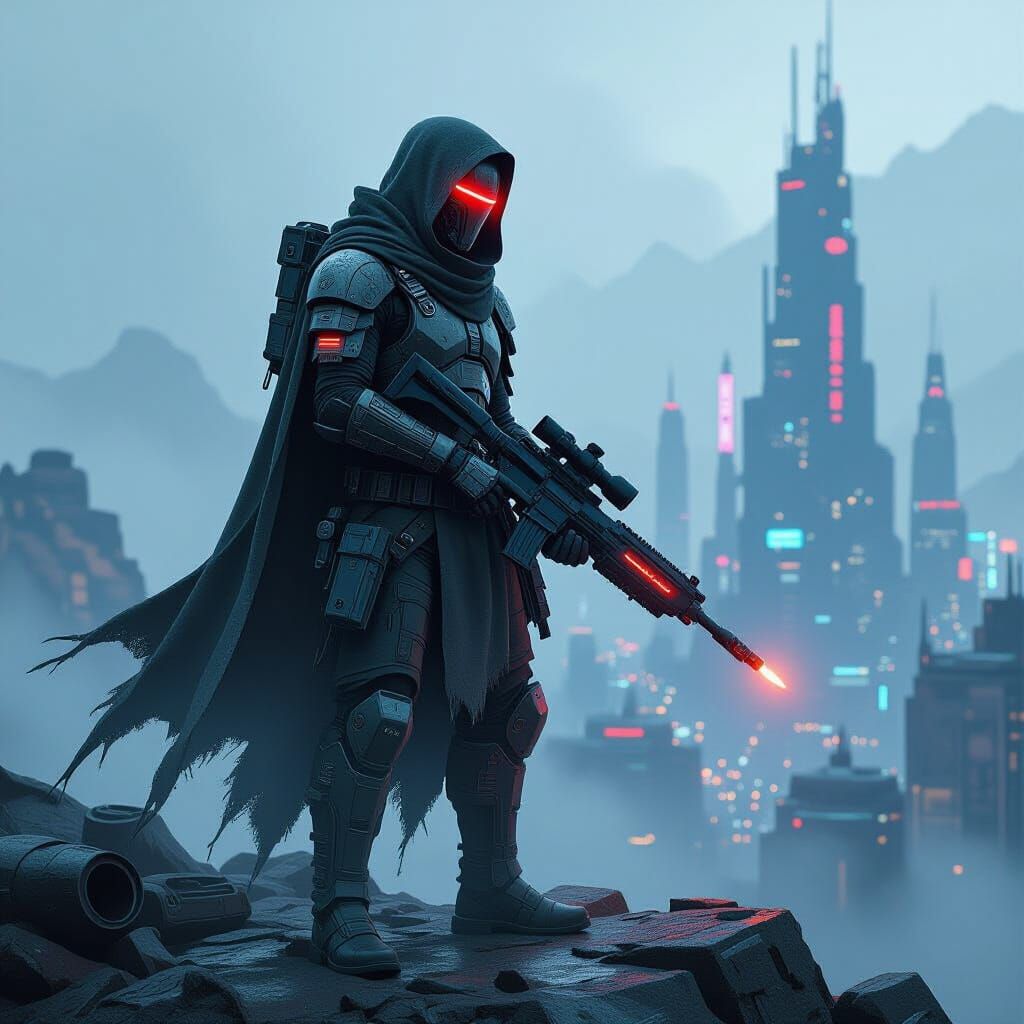 Cyborg Warrior Overlooking Cyberpunk Metropolis