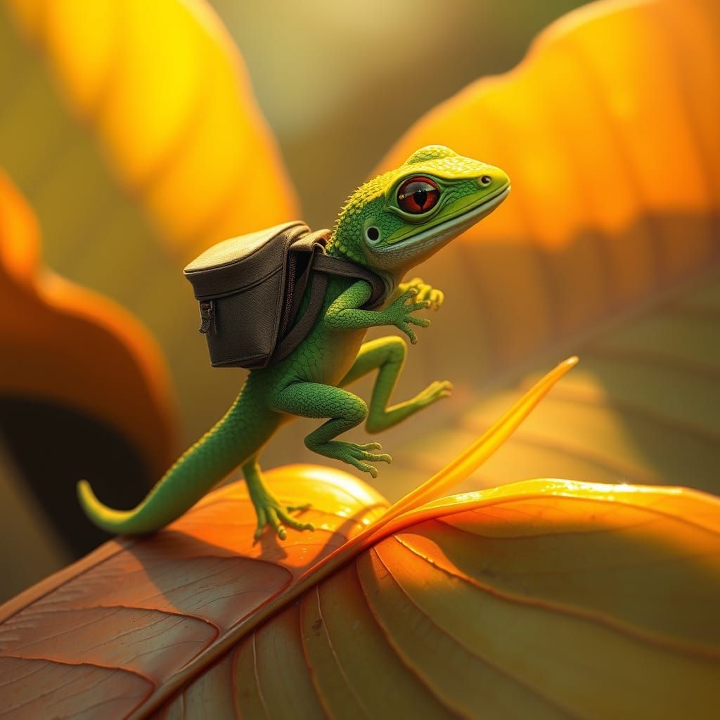 Lizard Adventurer on a Leaf, Fantasy Art