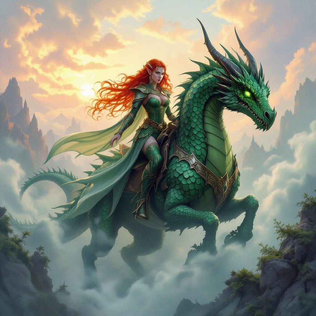 Elven Queen and Dragon in Ethereal Mist