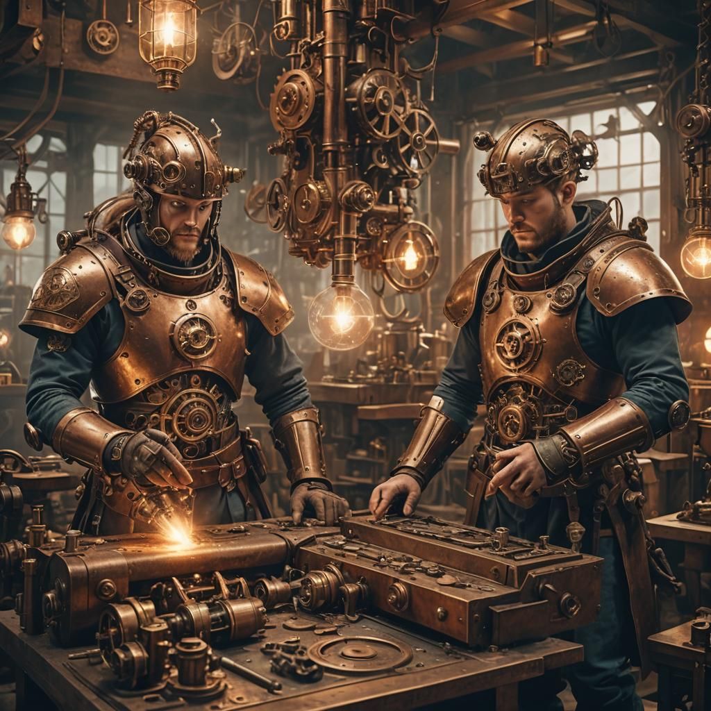 Steampunk Vikings Tinkering with Clockwork Machinery