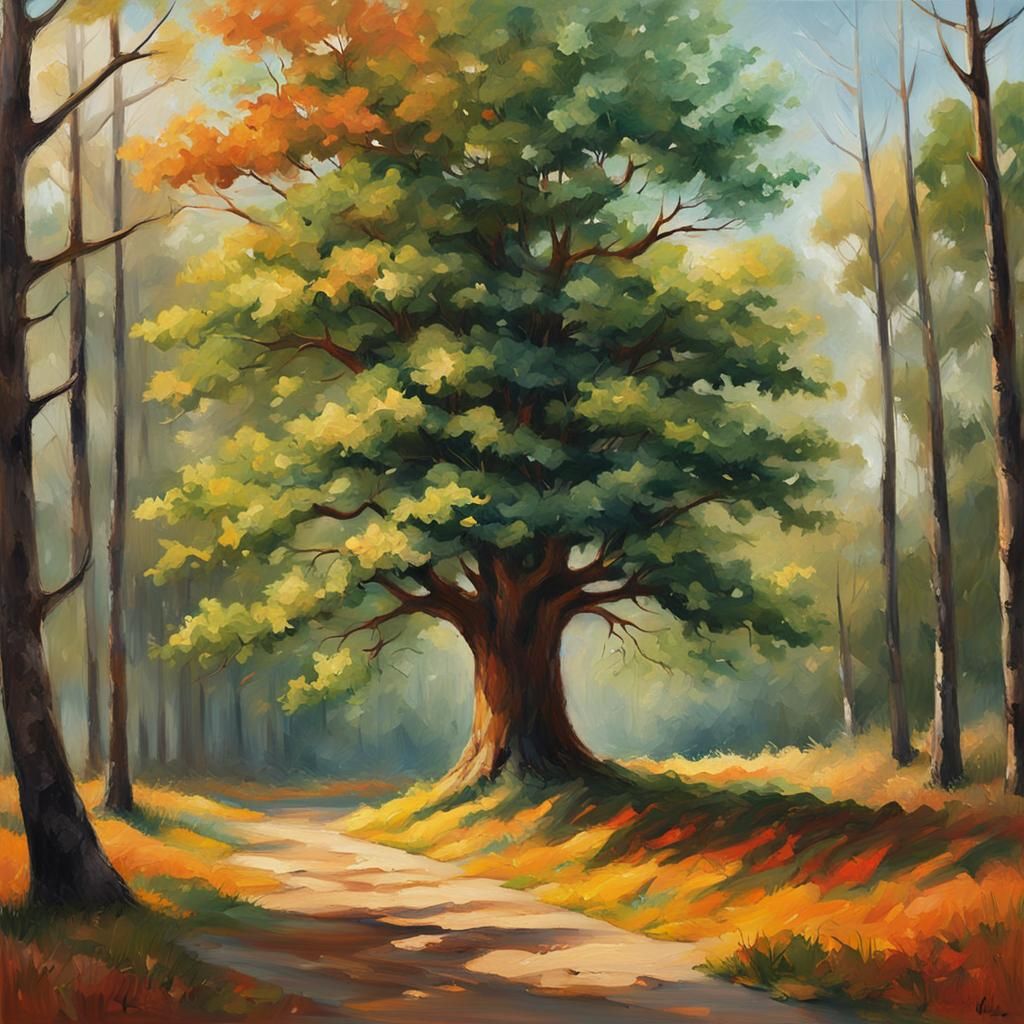 Impressionist Landscape: Majestic Tree in Sunlight