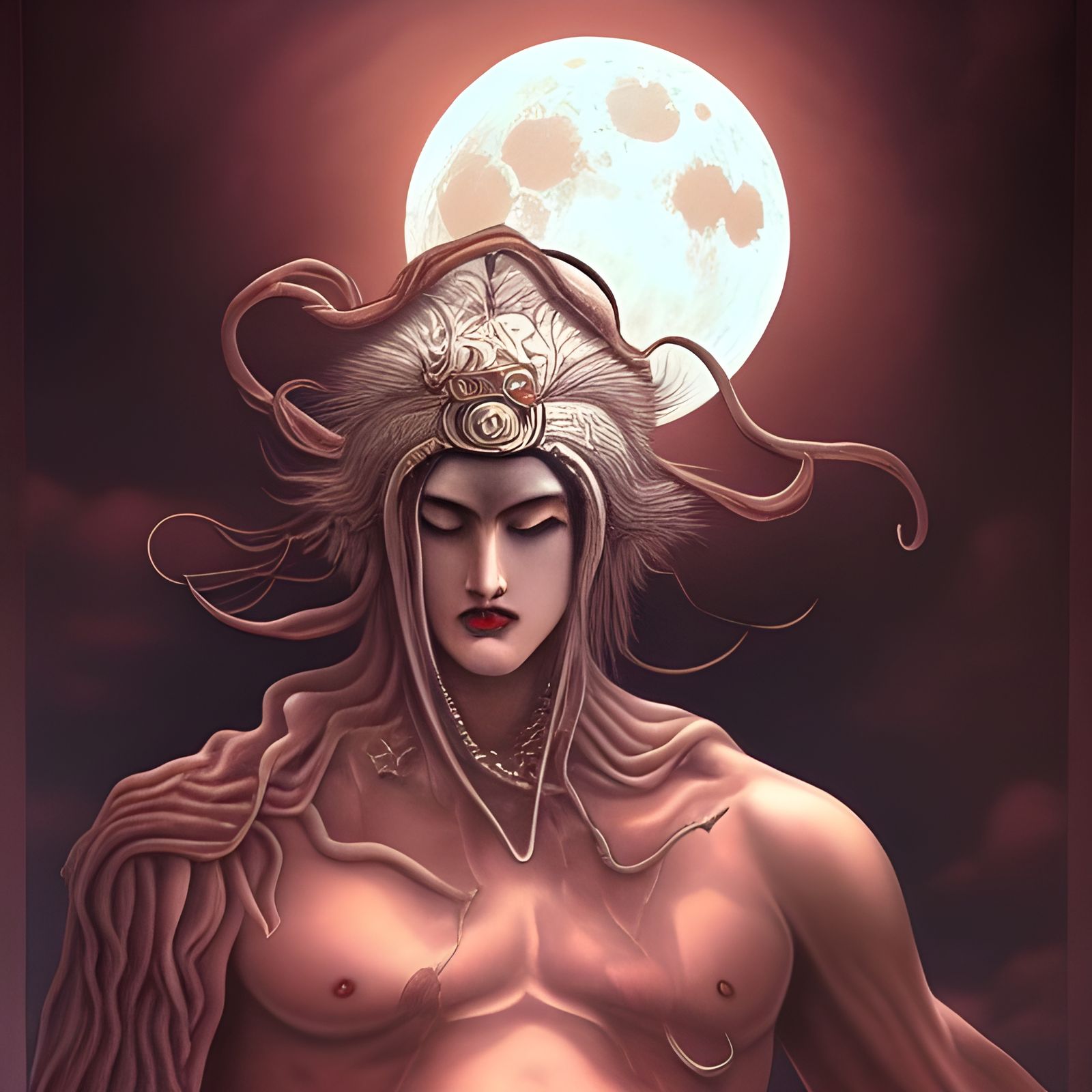 Tsukuyomi Moon God in Misty Cloud Digital Art