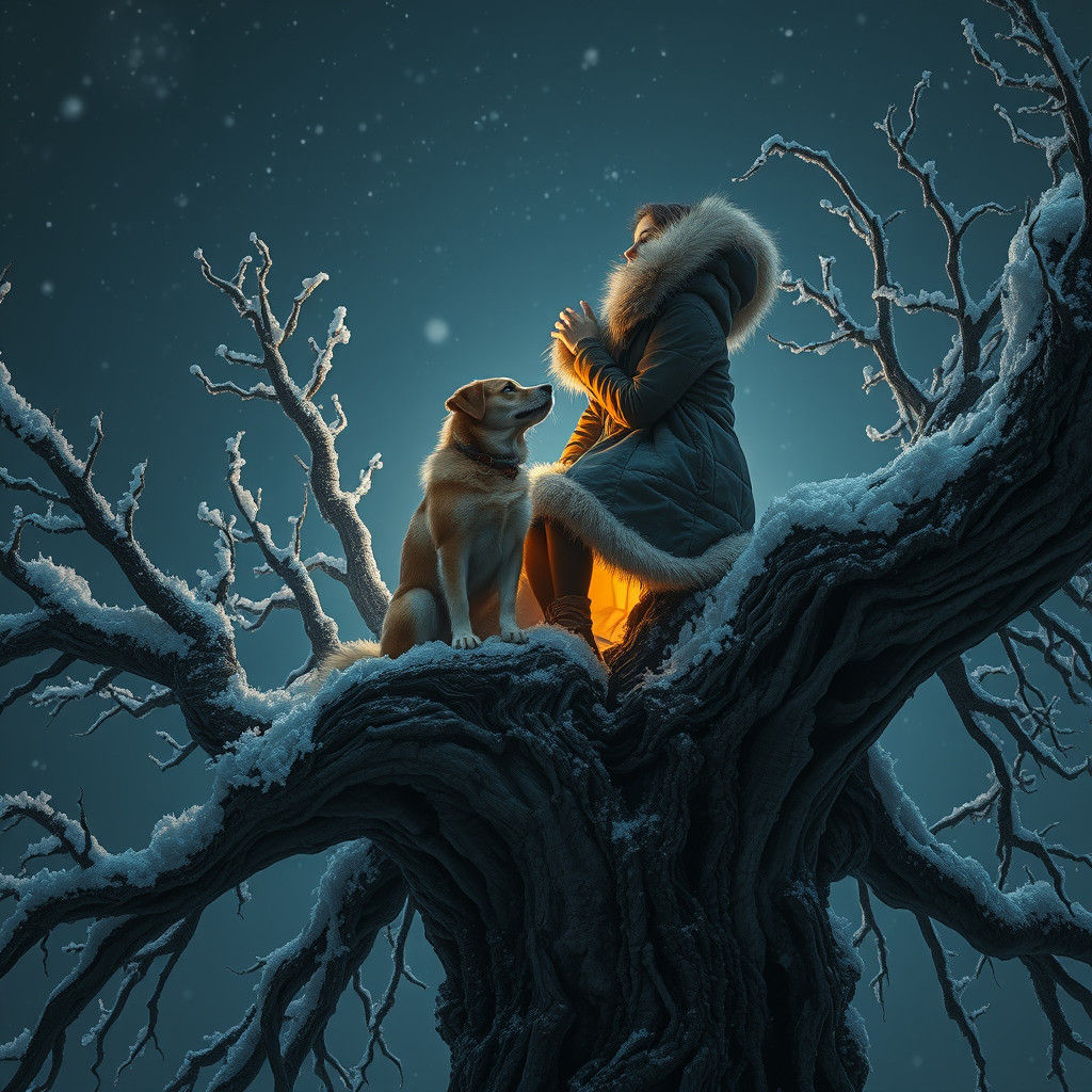 Woman and Dog in Winter Night Scene