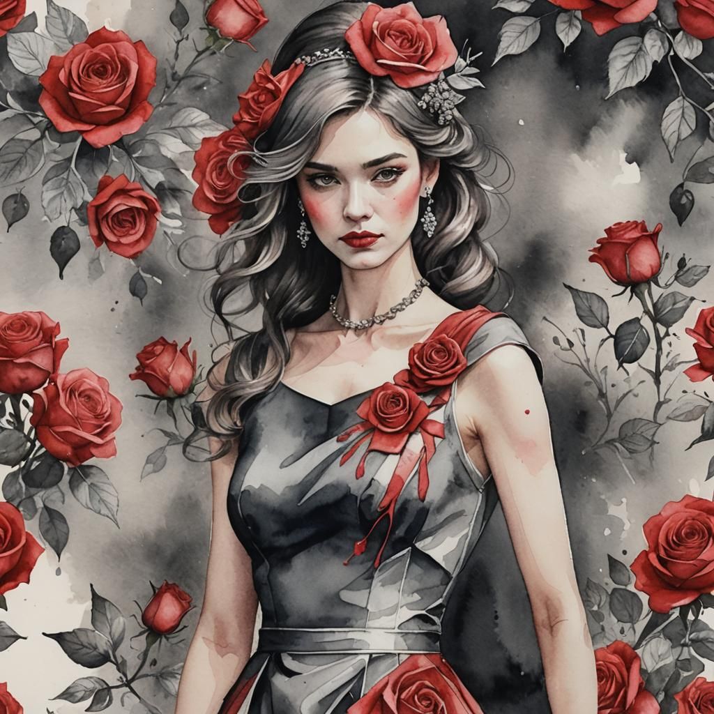 Rose-Adorned Red Dress in Watercolour Charcoal Drawing