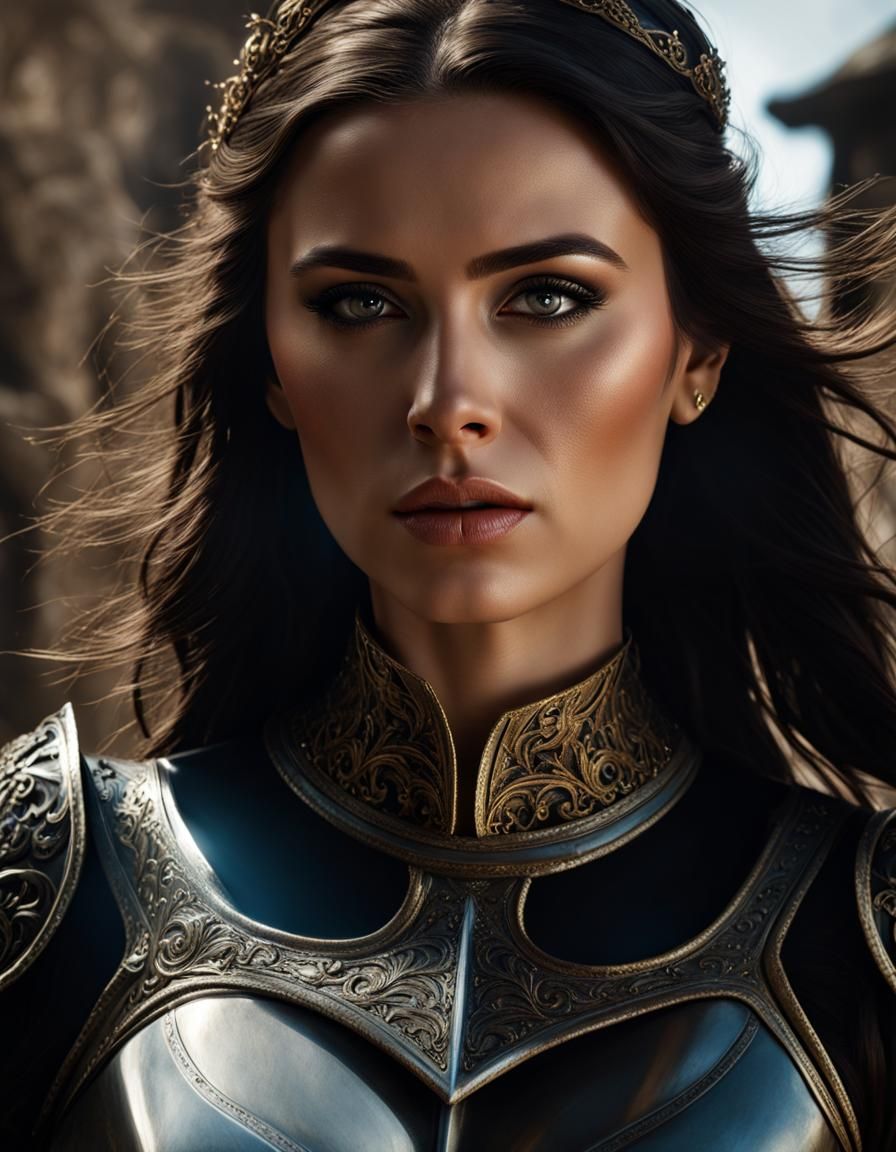 Brunette Knight in Dark Damaged Armor Portrait