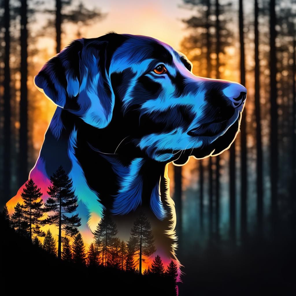 Double Exposure Labrador Retriever Sunset Silhouette