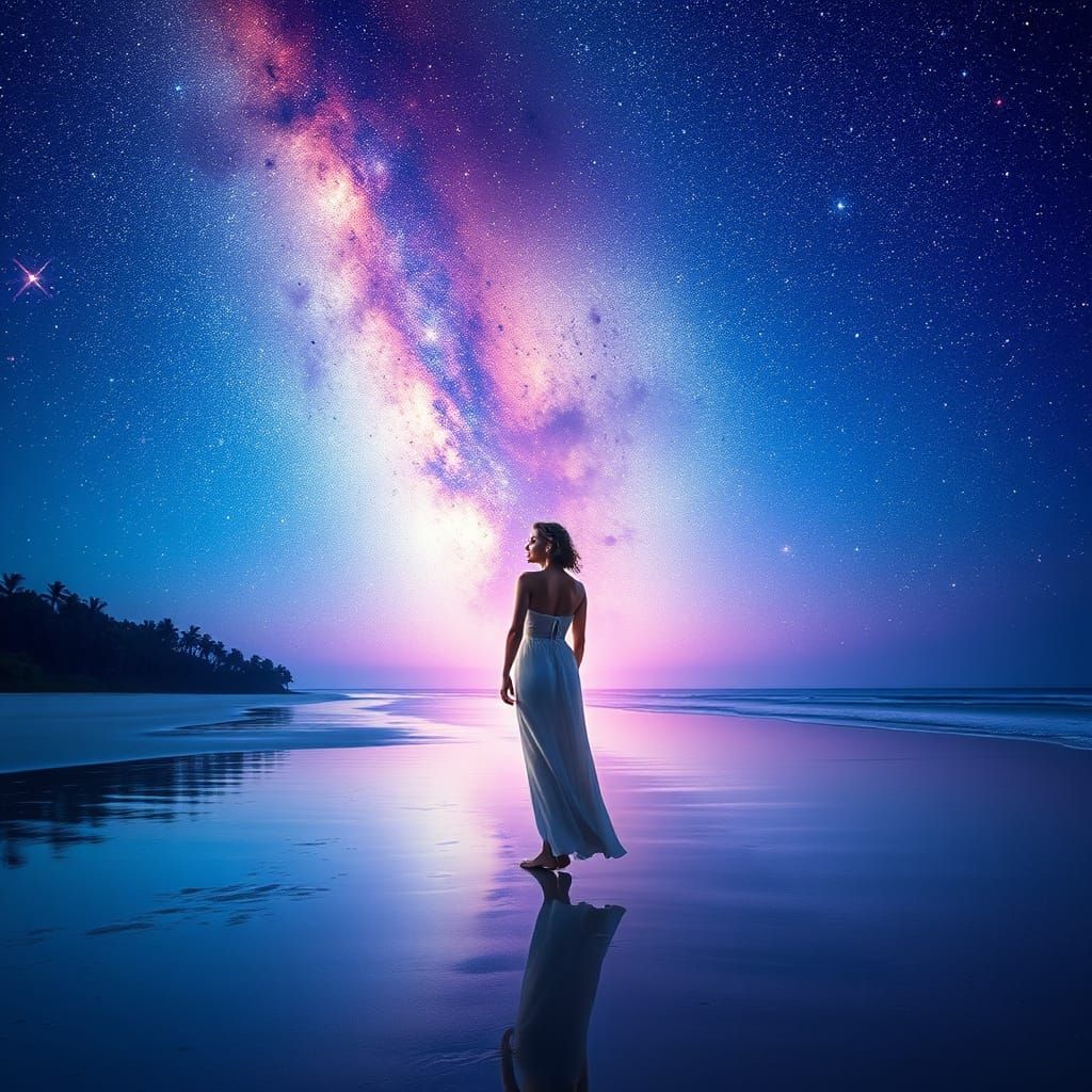 Cosmic Beach Scene in Astral Illustration Style