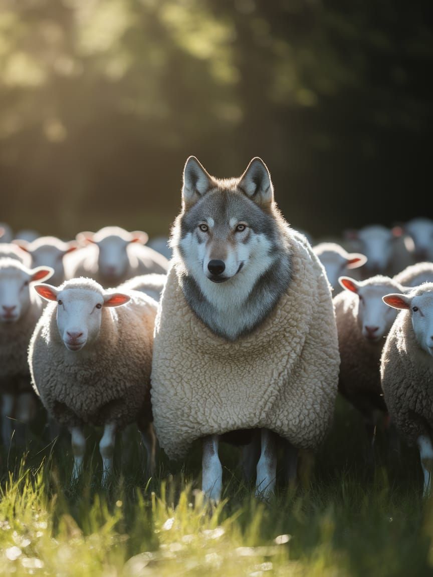 Wolf in Sheep's Clothing in Sunlit Meadow