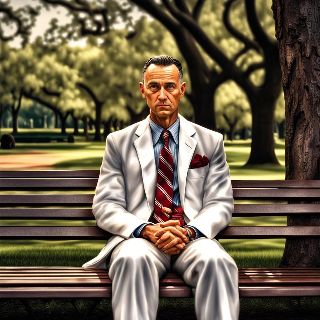 Forrest Gump sitting on a park bench in a white suit with a box of chocolates.