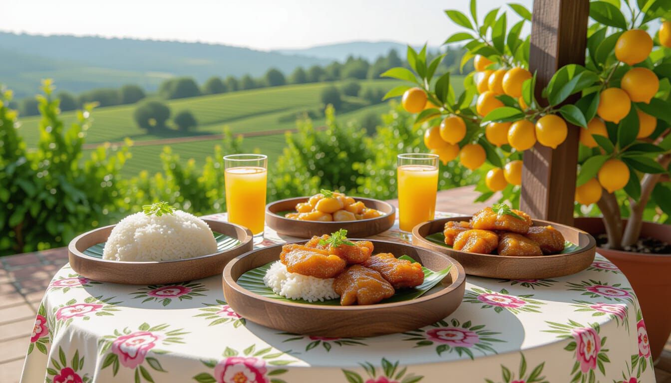 Vibrant Fried Pork & Sticky Rice Meal with Drinks