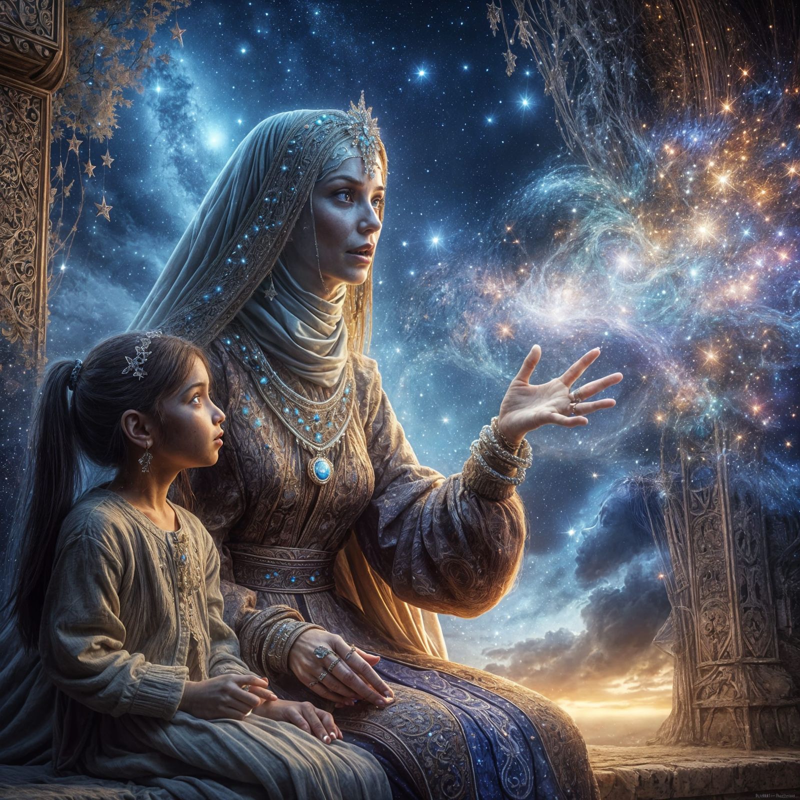 Mother and Daughter Enchanted Under Starry Fantasy Sky