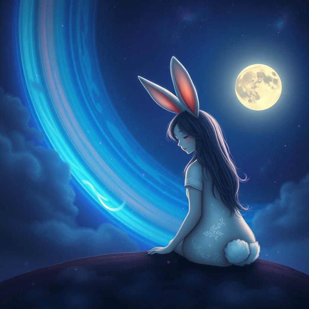 A beautiful night rainbow moonbow with a pretty moon rabbit ...