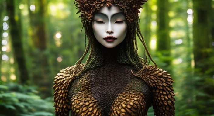 Sunset Human-Vines Hybrid in Forest, Detailed Art