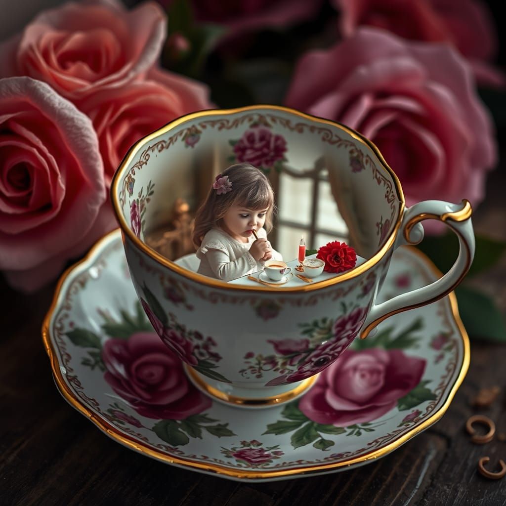 Hyperrealistic Teacup Tea Party with English Rose