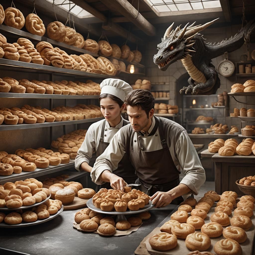 Dragon baker, working in a bakery