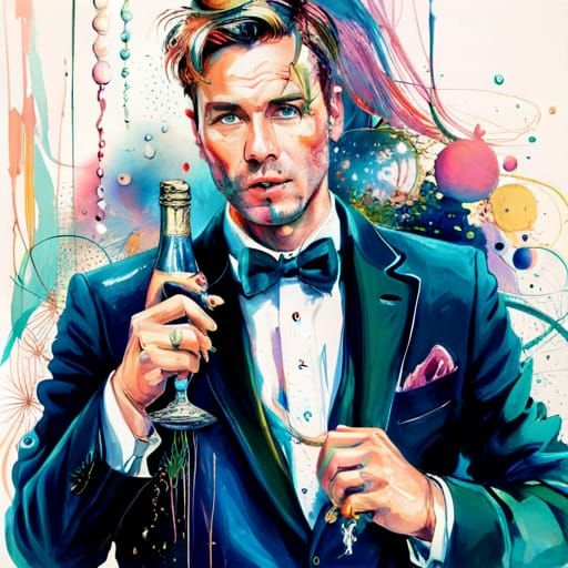 Champagne Celebration: Hyperrealistic Portrait in Pastel Col...