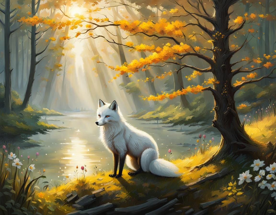 Three-Tailed Fox in Iridescent Forest