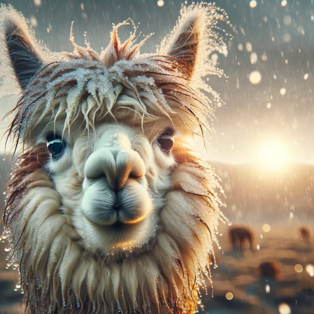 Humorous Alpaca Adorned with Dew and Snowflakes