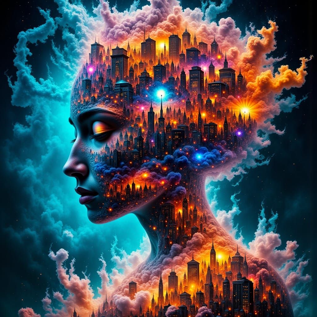 Dreamy Psychedelic Woman in Abstract Double Exposure