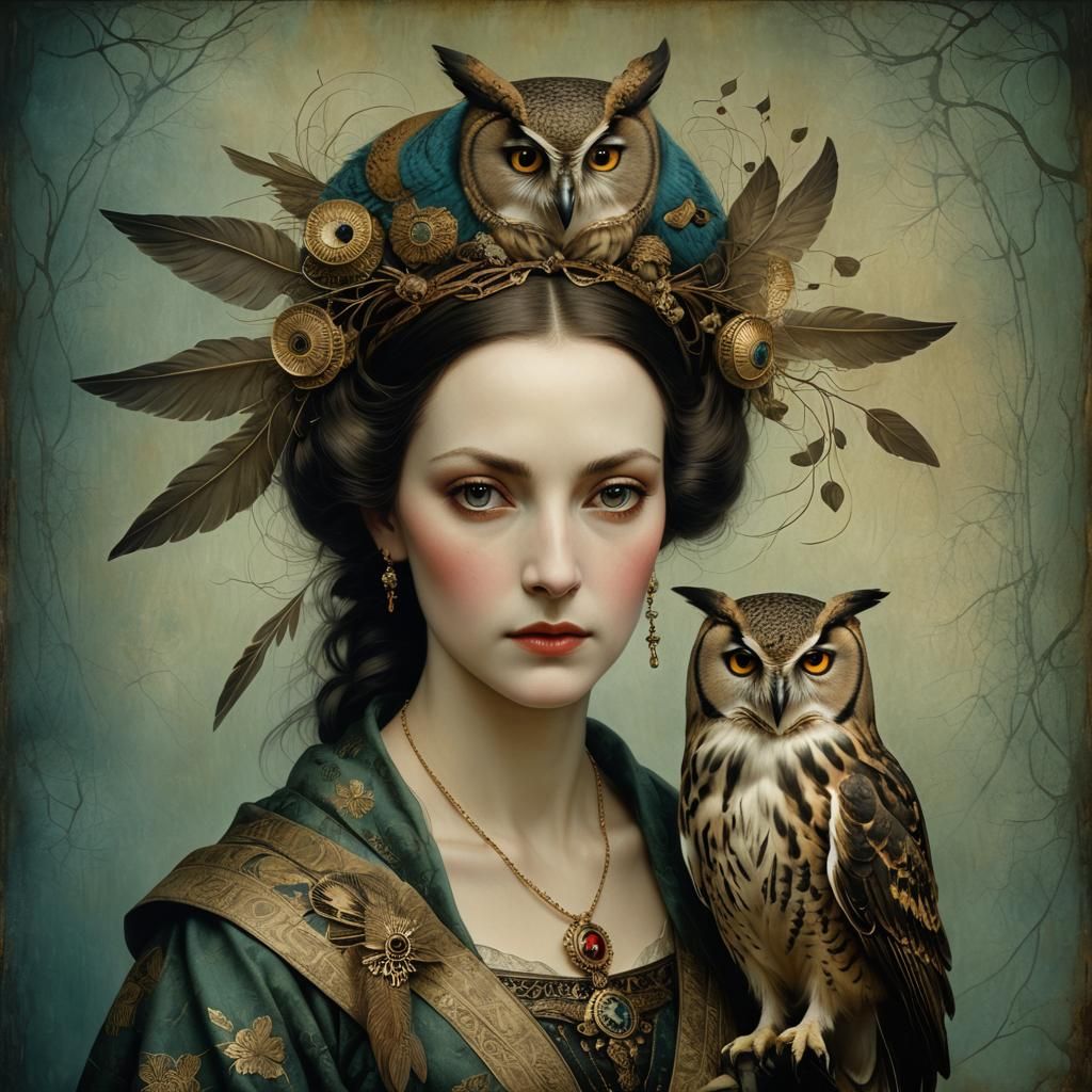 Owl-Adorned Lady: Atmospheric Portrait in Oil