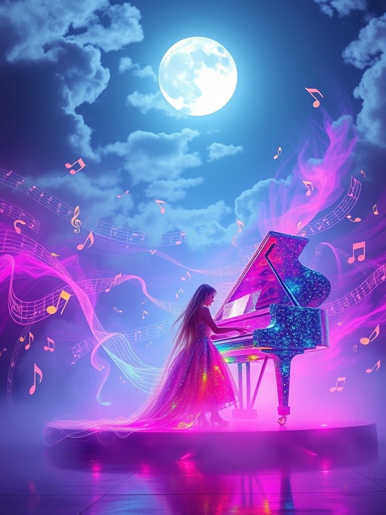 Neon Woman Plays Piano in Bioluminescent Vortex