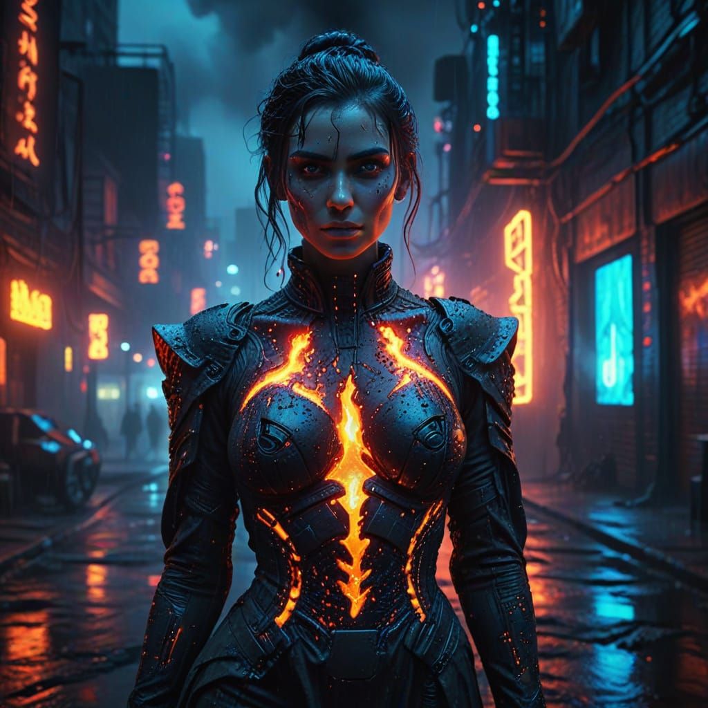 Cyberpunk Lava Woman Portrait in Dystopian Cityscape