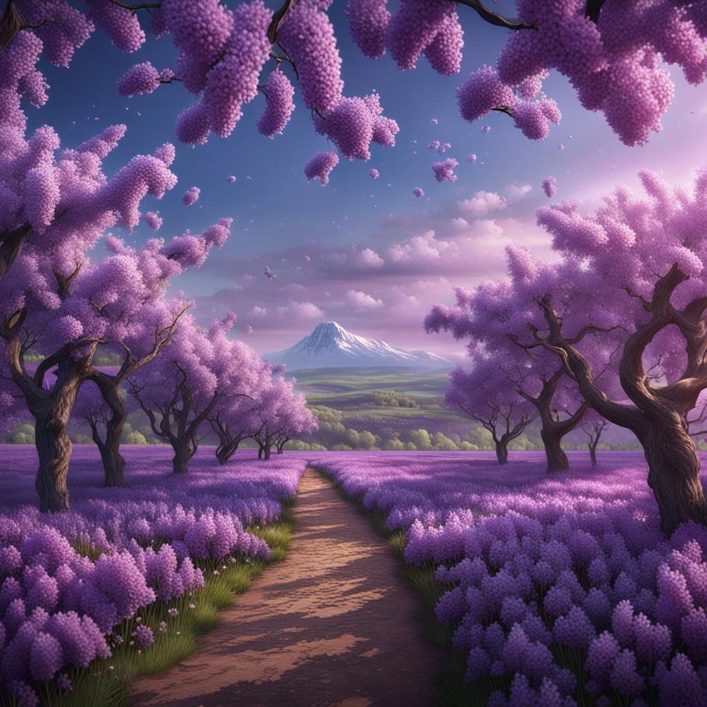 Lush Lilac Field in Detailed Matte Painting