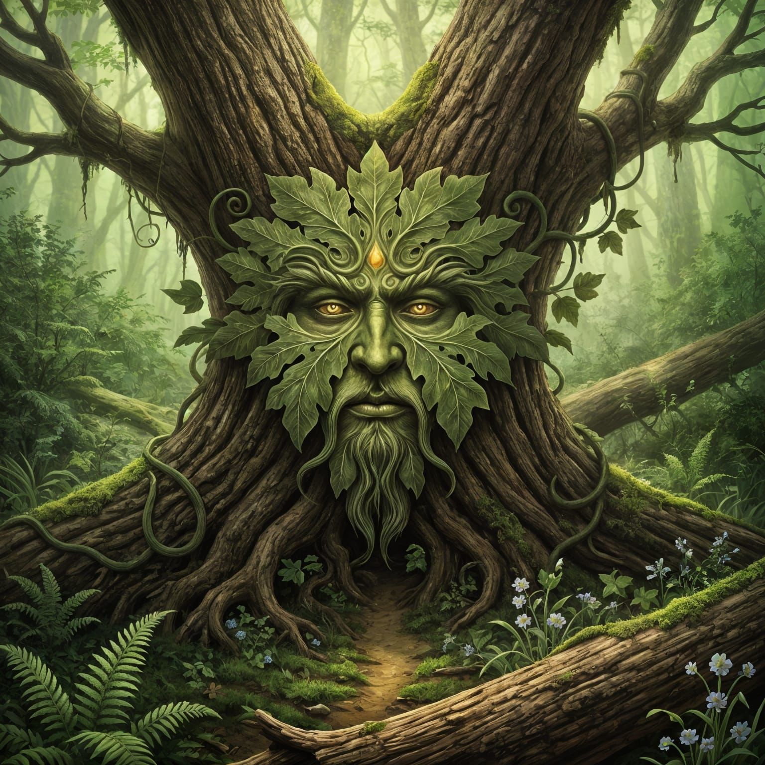 Ancient Green Man Emerges from Oak Forest Painting