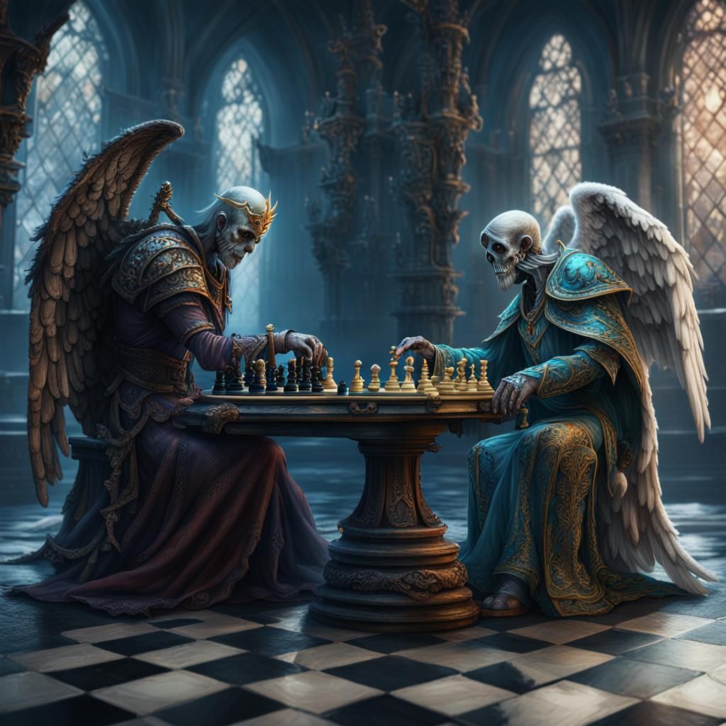 Lich Plays Chess Against Angel in Detailed Painting