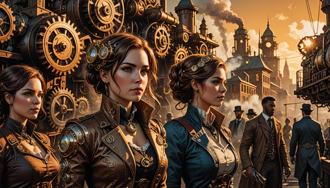 Steampunk Women in a Gear-Filled Cityscape