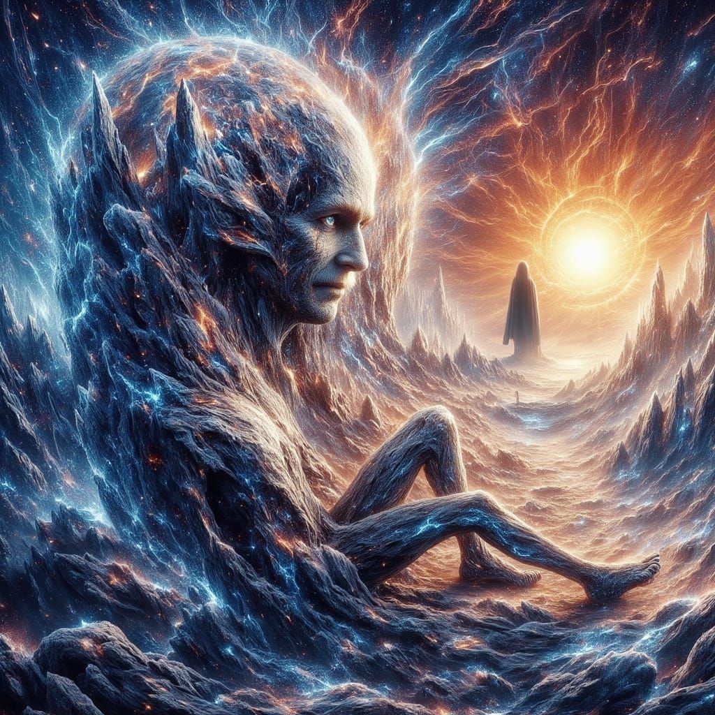 Ethereal Landscape with Lost Figure in Cosmic Expanse