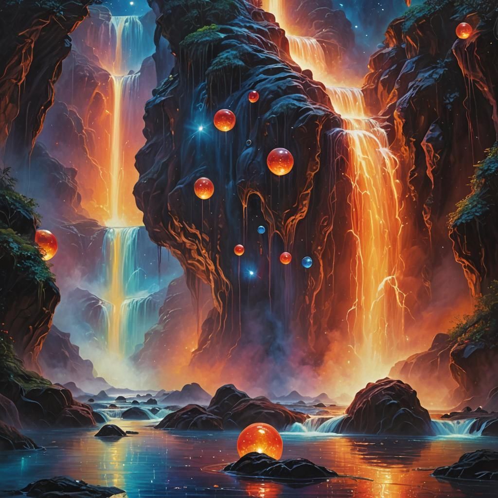 Alien Orbs Beside Exotic Waterfall in Surreal Oil Painting