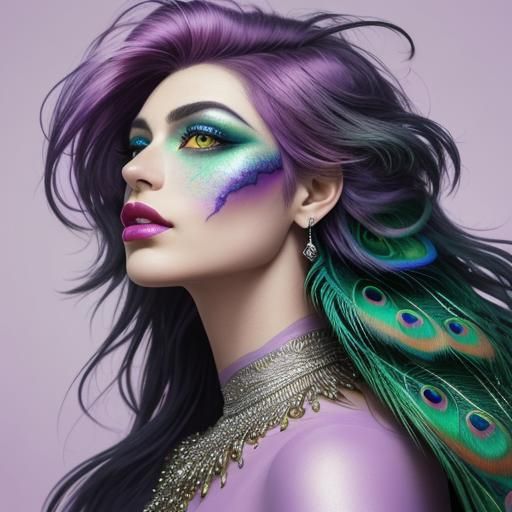 Expressionistic Portrait of Woman with Peacock Feathers